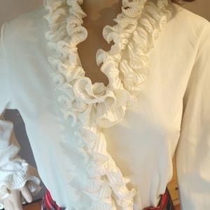 Mid century retro cream white large ruffle collar, v neck, women&#39;s medium, blouse Daisy&#39;s Originals of Miami