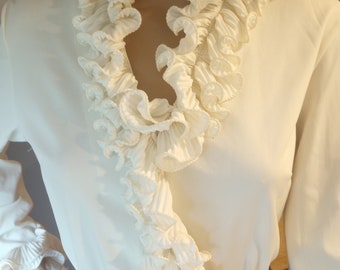 Mid century retro cream large ruffle collar, v neck, women's medium, Daisy's Originals of Miami