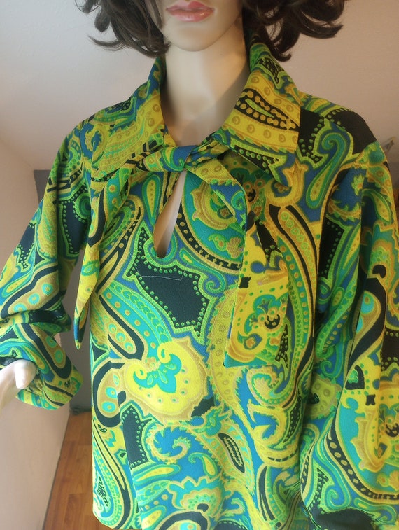1970s retro polyester hippy blouse, women's large,
