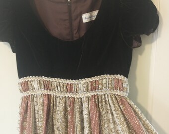 Vestido largo vintage Sandine Originals de los años 70 para festival, fiesta, princesa, corpiño de terciopelo, falda oro rosa, estilo Gunne Sax.