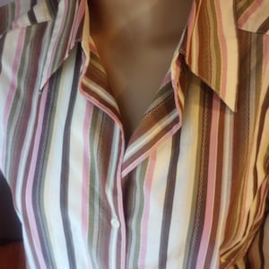 Vintage Eddie Bauer striped women&#39;s button up blouse. Pink and brown, long sleeve, button up, preppy, large petite, 100 percent cotton