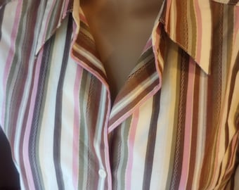Vintage Eddie Bauer striped women's button up blouse. Pink and brown, long sleeve, button up, preppy, large petite, 100 percent cotton