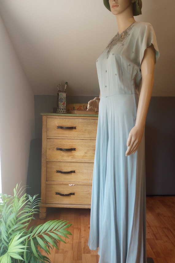 Mid century pale green beaded neckline formal dress, side zipper, women's medium