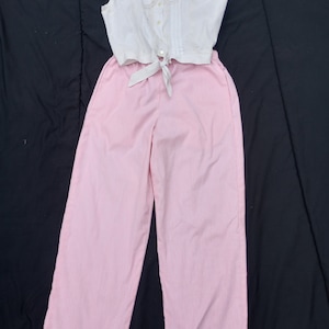 Vintage Handmade pink and white trousers, cotton, pockets, elastic waist, small