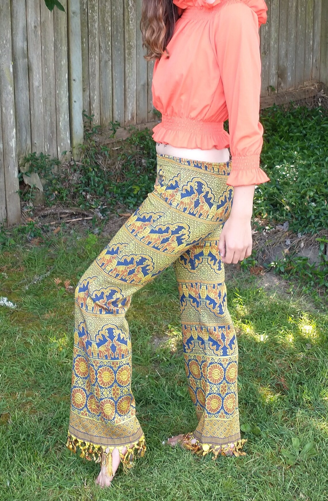 Vintage Hippy Groovy Low Rise Tapestry Pants Women's Small, Elephants