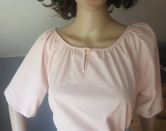1960s cottage core, rockabilly, pink polyester blouse, short sleeve, women's medium, union label
