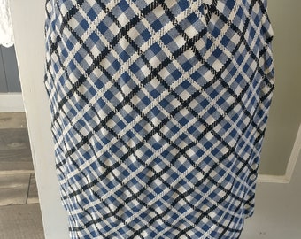 1960s/70s Blue and white checked cotton/poly weave a line mini skirt, women's small, Glenbrooke brand, mod, summer