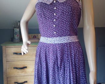 Vestido de verano floral, vestido de verano maxi de calicó morado bohemio de los años 70, hecho a mano, con chaqueta, estilo Gunne Sax, talla pequeña para mujer, medidas a continuación.