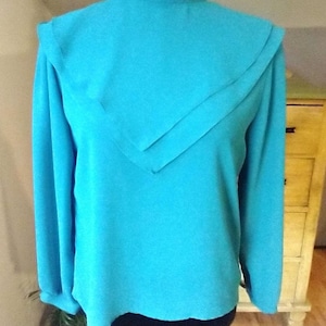 1980s teal blue stunning high ruffle neck blouse, cape collar, buttons up back, lightweight polyester,Prnicess Di blouse, Eber San Francisco