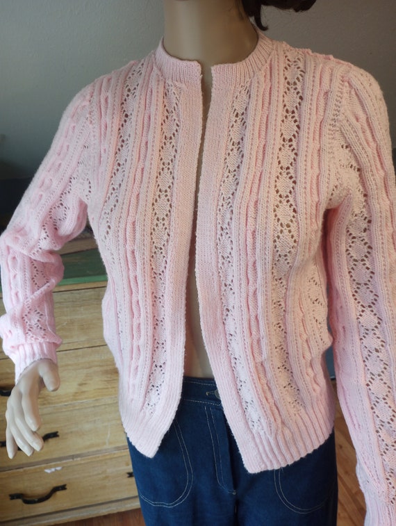 Sweet vintage acrylic knit pink cardigan, women's 