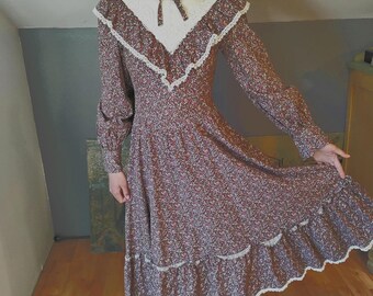 ¡Qué bonito vestido Gunne Sax de los años 70, marrón, midi, cuello alto, floral, talla pequeña de mujer!