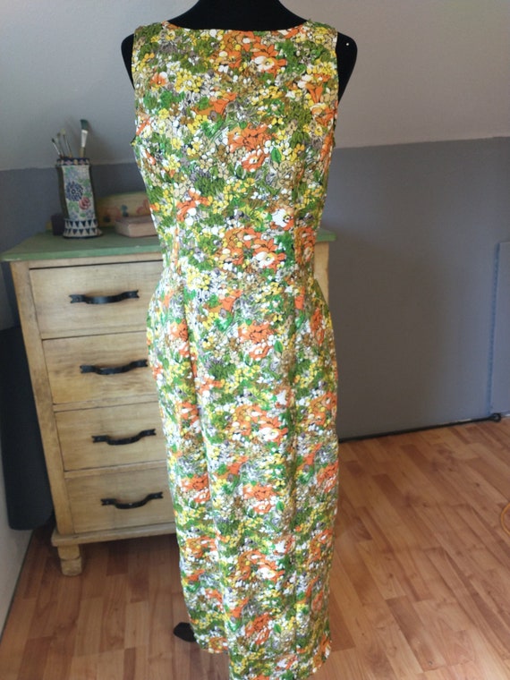 1960s Floral sleeveless wiggle room dress, handmad