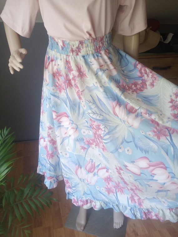 1980s pastel floral full ruffled skirt, pink and … - image 1