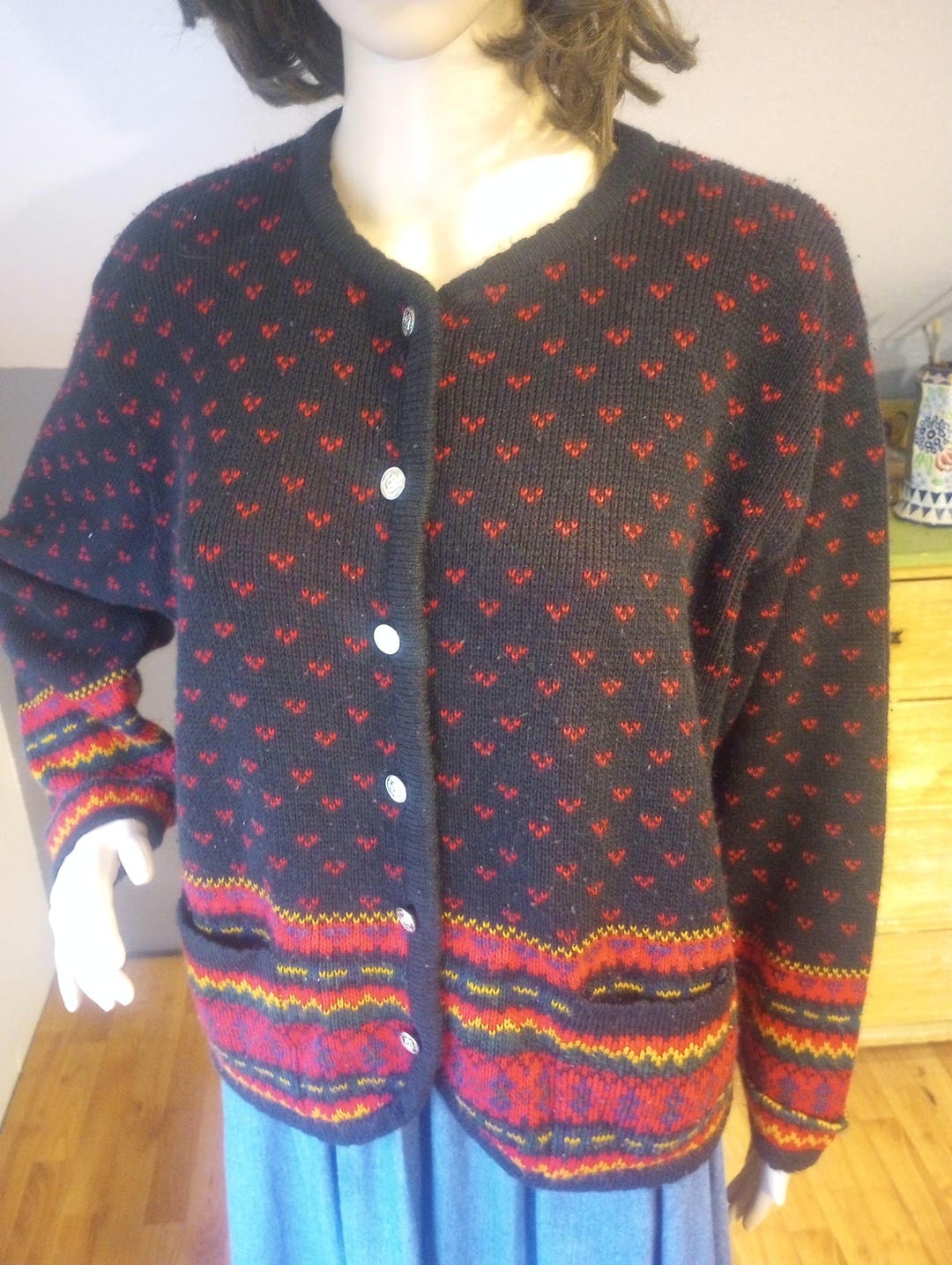 1990s Tally -ho Back and Red Cardigan. Pollak Import. Black and