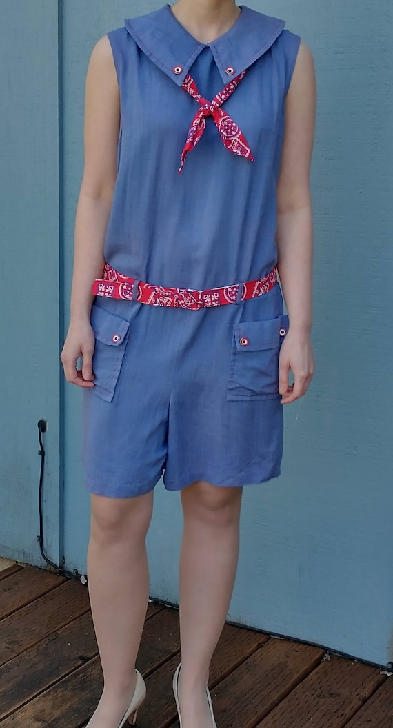 1960s, 70s Blue Cotton Romper/Playsuit, Belted, Peter… Gem