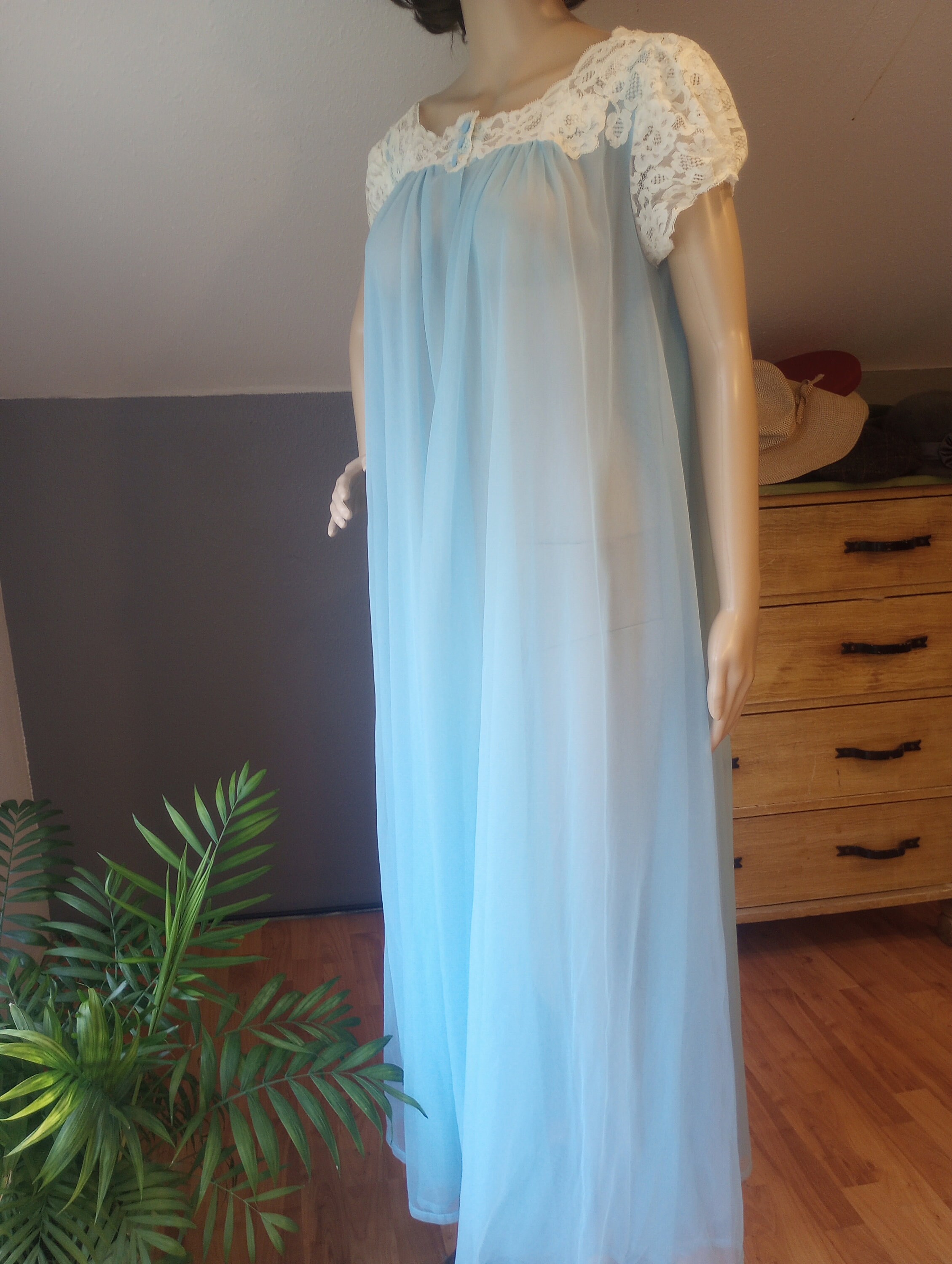 1960s Vintage Baby Blue Robe With Lace Collar, Gossard, Made in USA ...