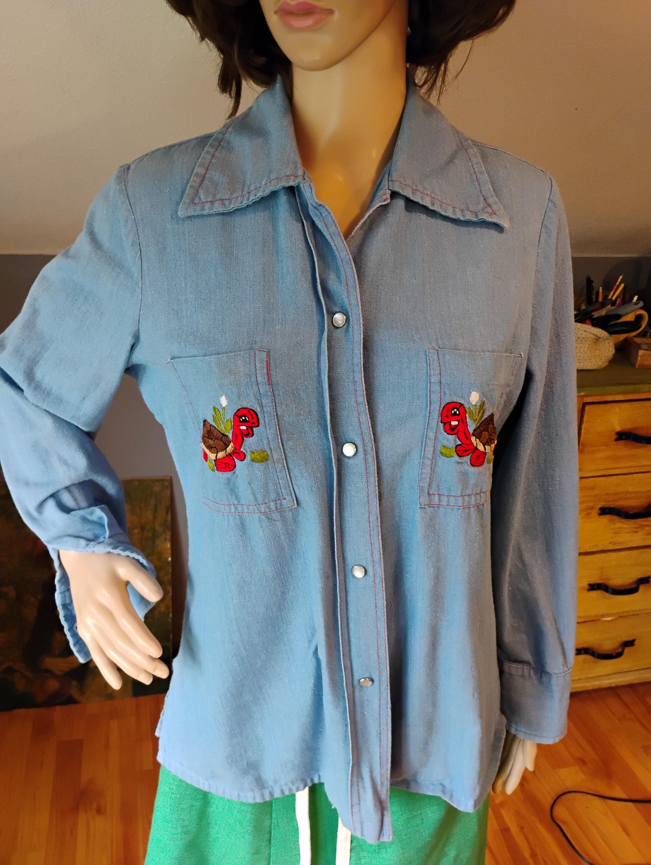 Rare 1970s Vintage Mary Vi Bordados Denim Snap Western Shirt