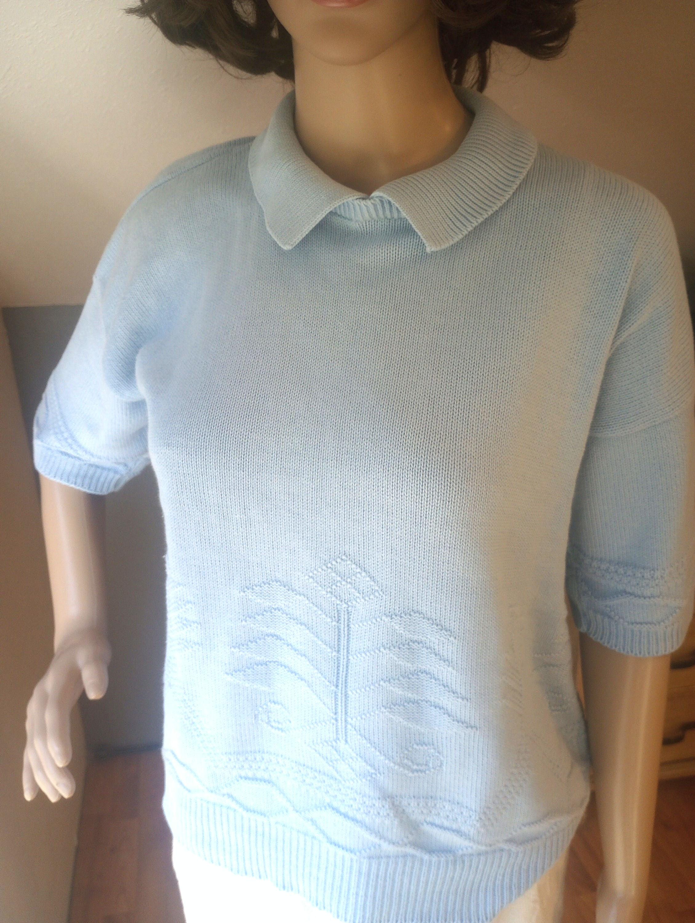1980s Vintage Land's End Short Sleeve, Cotton, Blue Summer Sweater