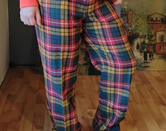 Pantalones deportivos de golf Orvis vintage de lana a cuadros. 86 x 76 cm. Cuadros naranja, azul y amarillo. Más medidas en la descripción.