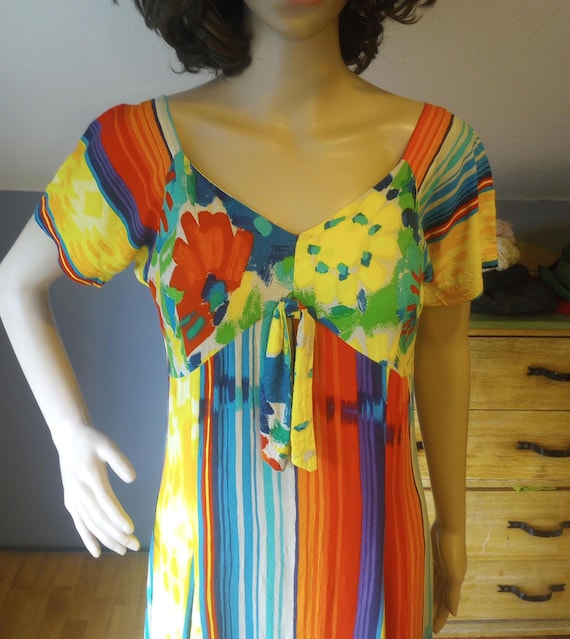 Vintage Hawaiian Dress, Jams World. Rainbow Colors,, Stripes, High Waist, Flowing Skirt, Medium. Exact Measurements in Item Description.