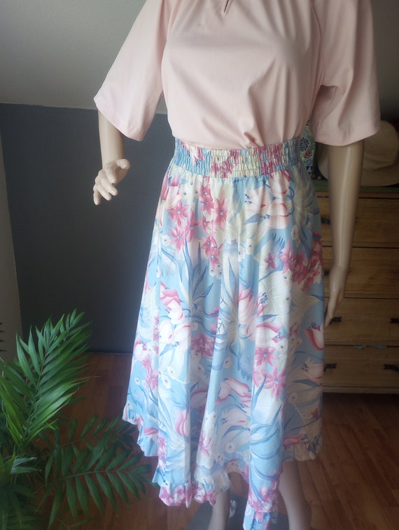 1980s pastel floral full ruffled skirt, pink and … - image 2