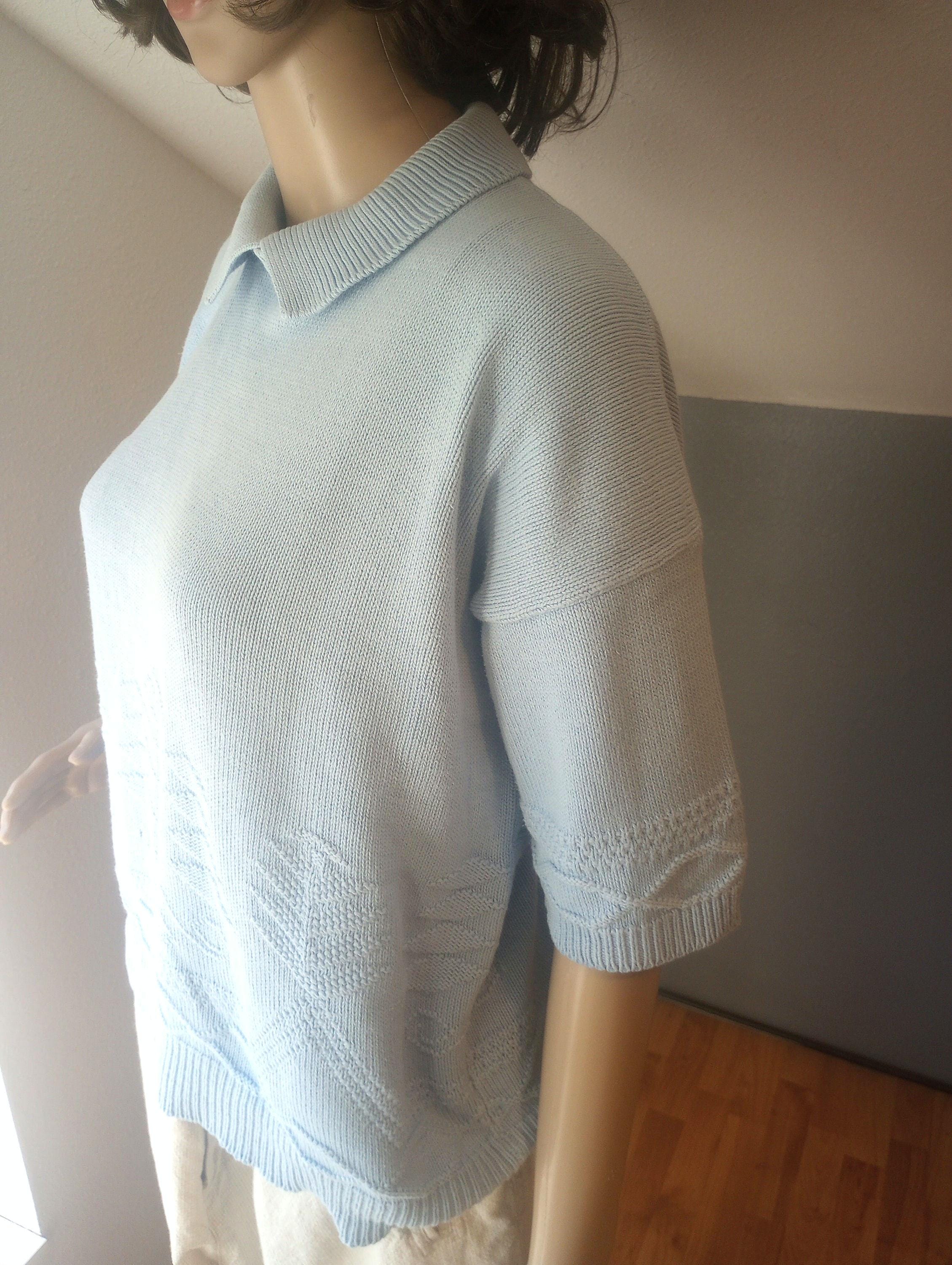 1980s Vintage Land's End Short Sleeve, Cotton, Blue Summer Sweater