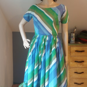 Mid Century Fit and Flare, grün und blau, Baumwollkleid, Damen klein, Swingkleid, 50er, 60er Jahre