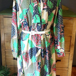 Bright mid century modern retro paisley dress.  shift with belt option. buttons up the front, long sleeve, light polyester, green,blue.