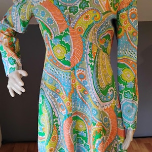 Retro orange and blue floral and paisley 1960s or 1970s dress. small to medium, light polyester. measurements in item description.