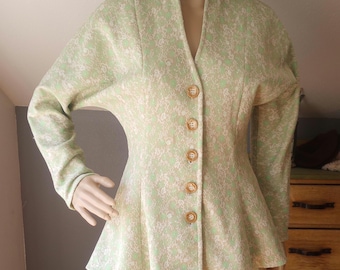 Set med kjol och kavaj för damer från mitten av århundradet, ljusgrön blommig, brokadpolyester, damstorlek small, business