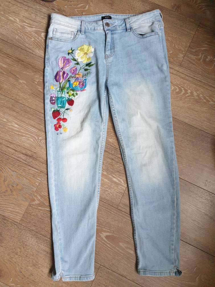 Jeans donna ricamati a mano US 12 UK 14 fiori ricamo fatto a Etsy