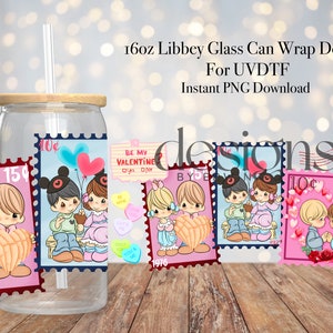 16 オンスの Libbey ガラス缶 UVDTF ラップ デザイン。バレンタイン ポスト カード スタンプ。