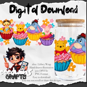 16 oz Libbey Glass Can UVDTF Wrap Design. Cute Cupcakes Character Design.