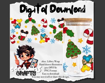 Op de afbeelding: Een digitale download van een handgetekend ontwerp voor een 16oz. Libbey-wrap met een kerstthema. Het ontwerp bevat een Mickey Mouse-personage, snoepstokken, kerstboom en hulst. De illustratie is in cartoon-stijl en perfect voor knutselprojecten.