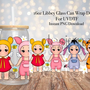 May include: A set of five 16oz glass can wraps featuring different cartoon characters. The characters are dressed in various costumes, including a red dress, pink overalls, a red dress, pink overalls, blue overalls, and an orange and black tiger costume. Each character has angel wings and a bee flying near them. The wraps are designed for use with UV-DTG printing.