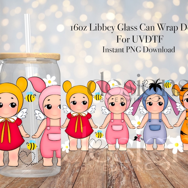 16 oz Libbey Glass Can UVDTF Wrap Design. Cute Angel Friends Design.