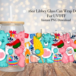 16 oz Libbey Glass Can UVDTF Wrap Design. Cute Bears Mexican Snacks Design.