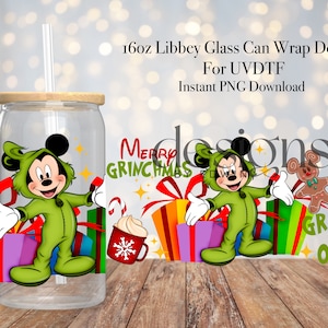 16 oz Libbey Glass Can UVDTF Wrap Design. Christmas Cartoon Design