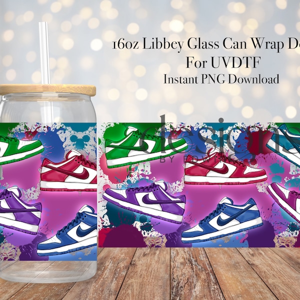 16 oz Libbey Glass Can UVDTF Wrap Design. Sneakers Cartoon Design.