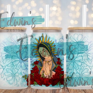 Diseño de sublimación de latas de vidrio de 16 oz. Diseño Virgen De Guadalupe.