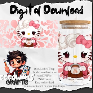 May include: A digital download of a hand-drawn illustration of a Hello Kitty character holding a cup of coffee. The illustration is in a pink and white color scheme and is perfect for use on a 16oz Libbey wrap.