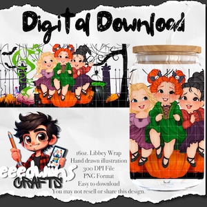 16 oz Libbey Glass Can UVDTF Wrap Design. Cute Halloween Sisters Cartoon Character Design.