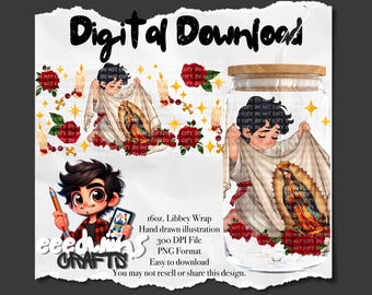 16 oz Libbey Glass Can UVDTF Wrap Design. Juan Diego Libbey Wrap