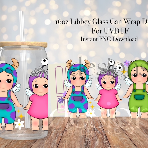 16 oz Libbey Glass Can UVDTF Wrap Design. Cute Angel Monsters Design.