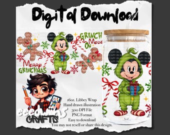 Op de afbeelding: Een digitale download van een 16oz. Libbey-wikkel met een groene, cartoonachtige Mickey Mouse die verkleed is als de Grinch. Het ontwerp bevat een rode strik, snoepstokken en de tekst "Grinch Mode On".