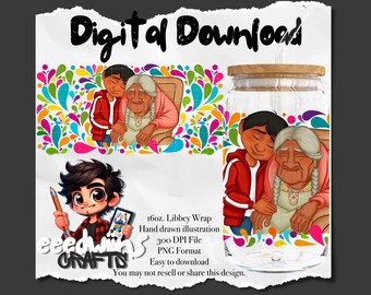 16 oz Libbey Glass Can UVDTF Wrap Design. Cute Talavera Abuelita Cartoon Design.