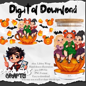 16 oz Libbey Glass Can UVDTF Wrap Design. Cute Halloween Sisters Cartoon Character Design.