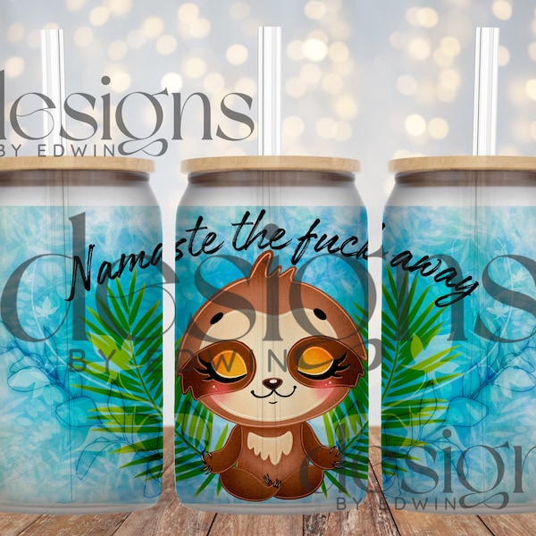 16 oz Libbey Glass Can Sublimation Design. Namaste Sloth Cartoon Character Design