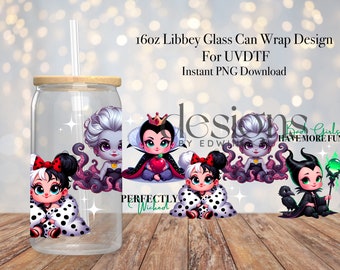 16 oz Libbey Glass Can UVDTF Wrap Design. Cute Villains Design.