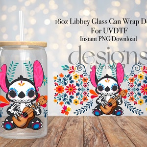 Boîte en verre Libbey de 16 oz, enveloppe UVDTF. Création de personnage de dessin animé Dia de los muertos